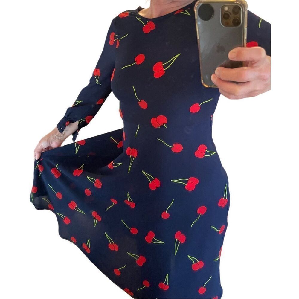 Rockabilly Sheer Cherry Dress XS. Navy Blue, 3/4 Sleeves #jamgirl #tradwife